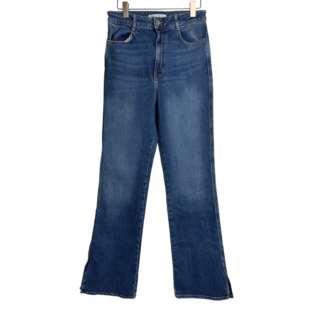 Zara Denim High Rise Slim Flare Side Slit Jeans Blue Size 8 stretch boho western
